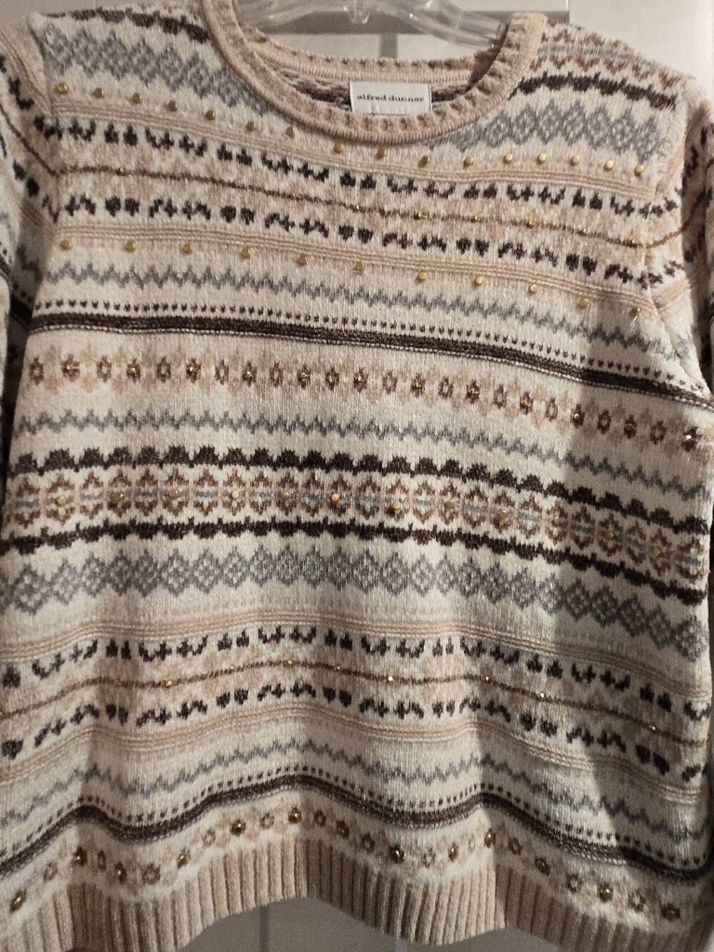 Alfred Dunner Sweater Large Beige Fair Isle Studded Cozy Knit Pullover